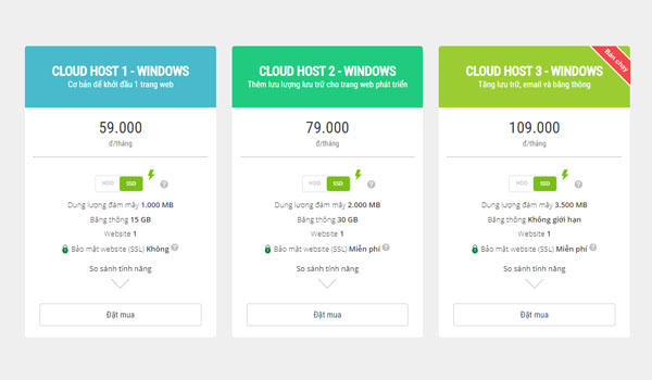 Bảng giá hosting cloud Windows của Mắt Bão