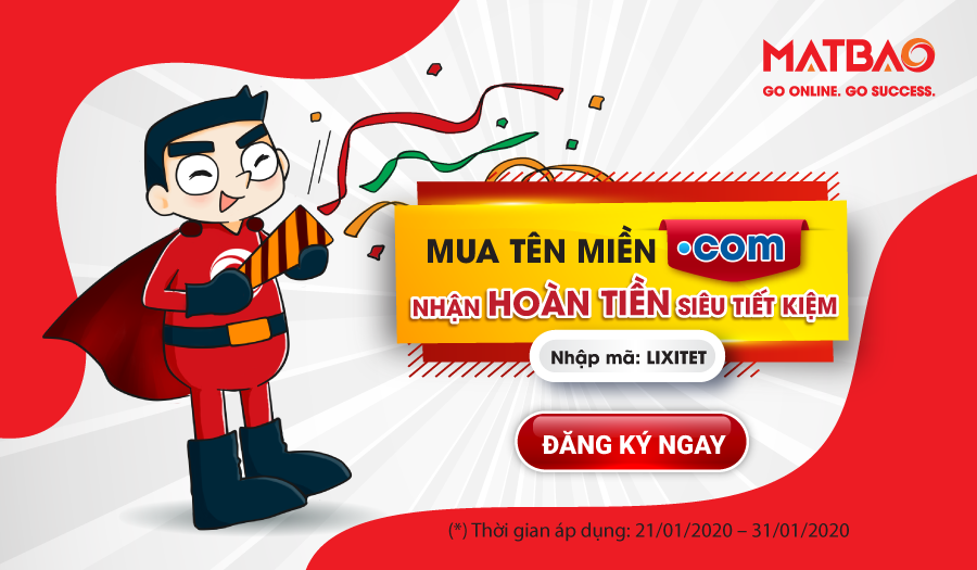 Từ 21/01 – 31/01/2020, khi mua mỗi tên miền .com tại Mắt Bão Quý khách sẽ được tặng ngay 200k vào tài khoản khuyến mãi.