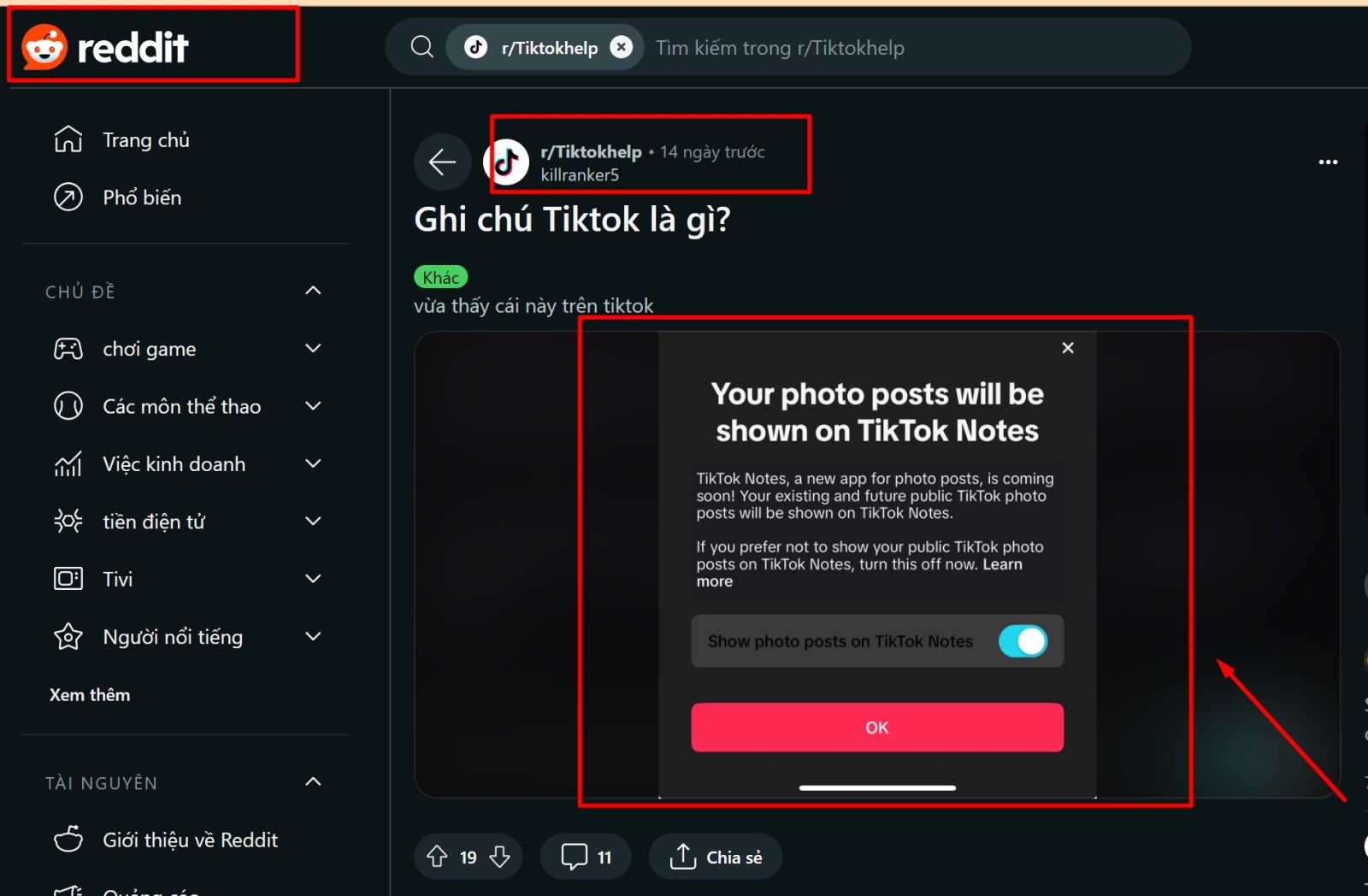  Thông báo về ứng dụng Tiktok Notes trên mạng xã hội