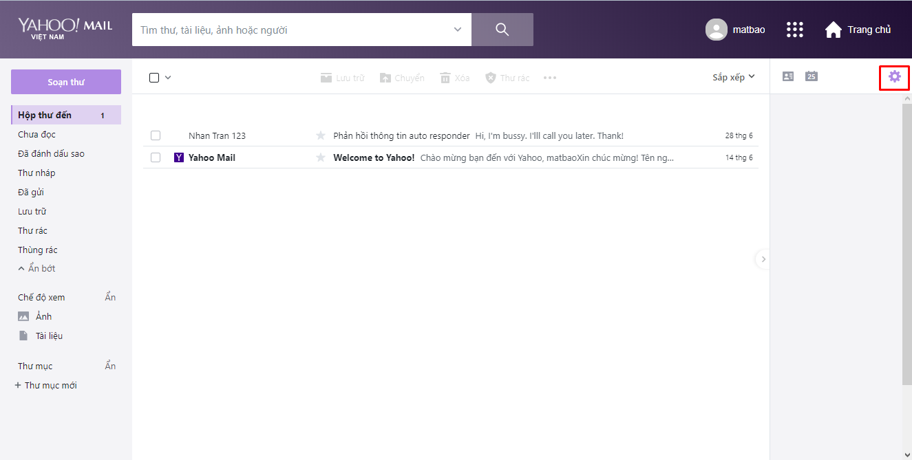 Khi đang ở giao diện của Yahoo, bạn hãy click vào mục Bánh răng