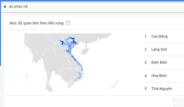 Bản đồ nhiệt thể hiện các khu vực mà cụm từ tìm kiếm được nhiều người quan tâm.