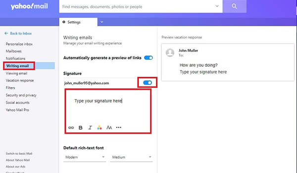 Click chuột vào Writing Emails ở cột bên trái và kéo xuống phần Signature