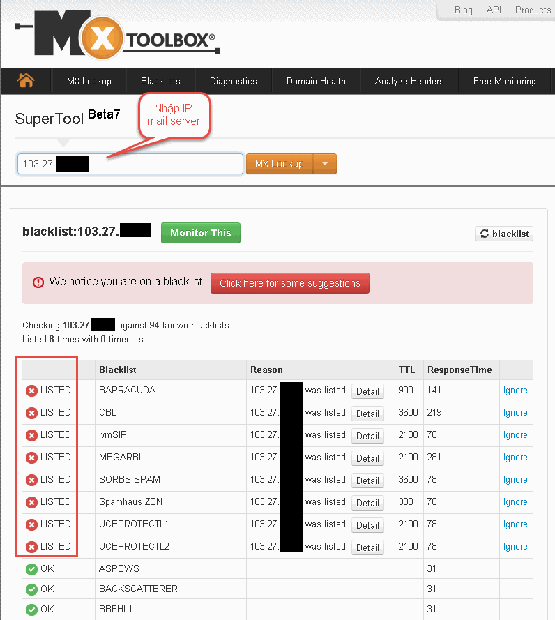  Kiểm tra IP của mail server để chắc chắn lá thư gửi đi đang không nằm trong Blacklist
