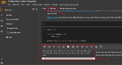 Sử dụng tính năng text cell trong google colab
